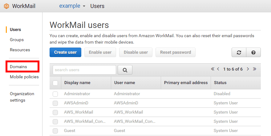 Workmail Domains
